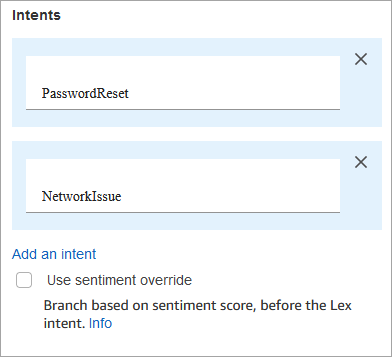 A seção Intents, a PasswordReset intenção e NetworkIssue a intenção.