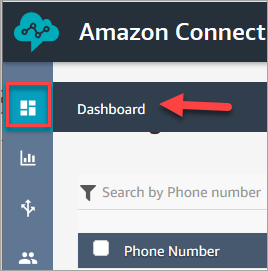 O ícone do painel no menu de navegação do Amazon Connect.