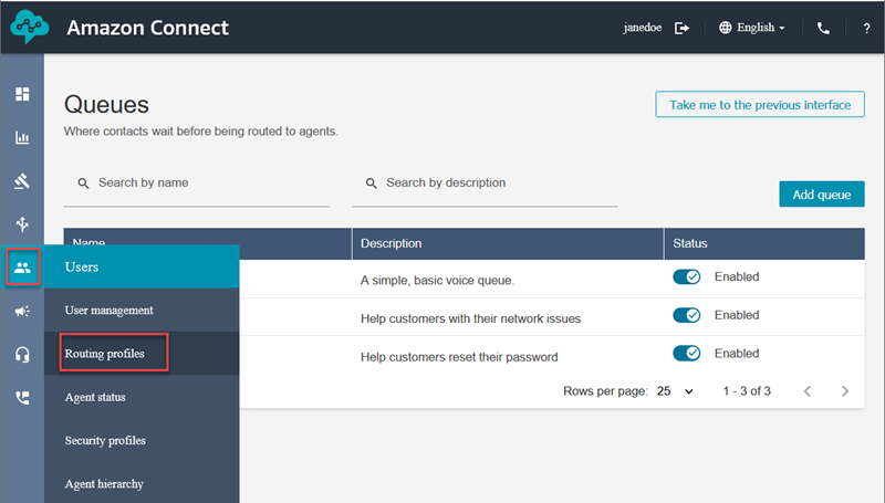 O menu de navegação do Amazon Connect, o ícone Usuários, a opção Perfis de roteamento.