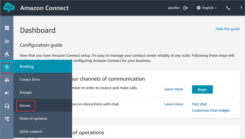 O menu de navegação do Amazon Connect, o ícone Roteamento, a opção Filas.