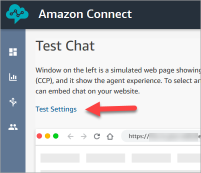 A página Testar chat, opção Configurações de teste.