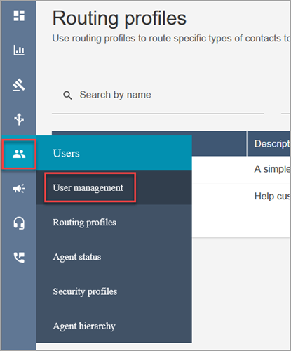 O menu de navegação do Amazon Connect, ícone Usuários, opção Gerenciamento de usuários.