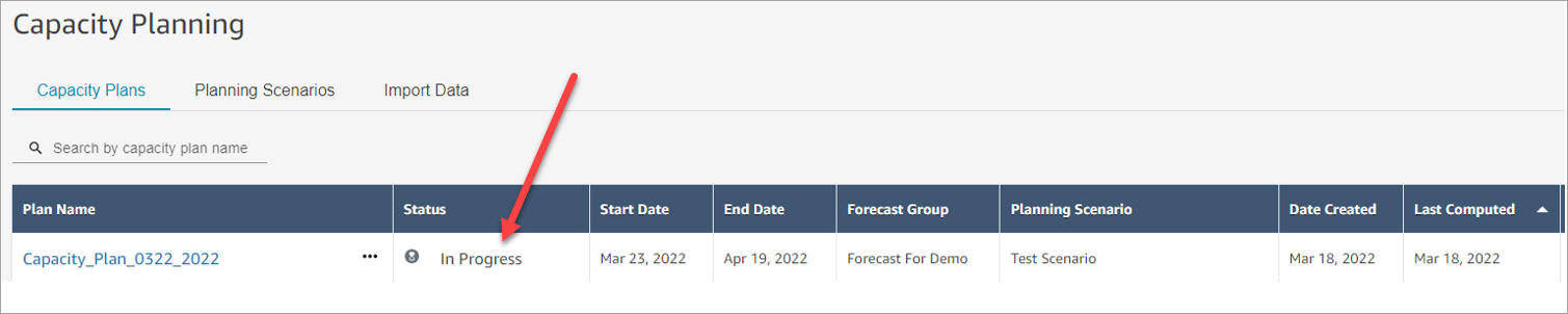 A página de planejamento da capacidade, a coluna Status definida como Em andamento.