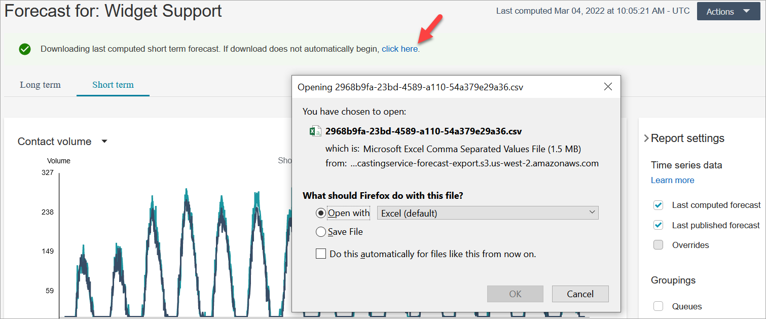 Página de previsão, o botão clique aqui para começar a baixar uma previsão, abrir com o Excel.