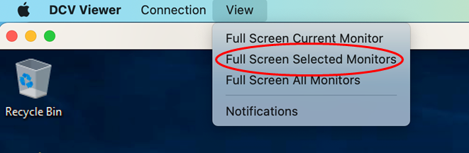 DCV Viewer menu with "Full Screen Selected Monitors" option highlighted.