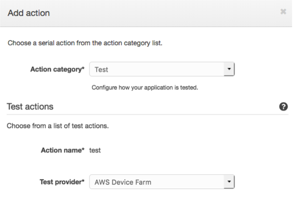 Adicione uma ação de teste do device farm ao pipeline.