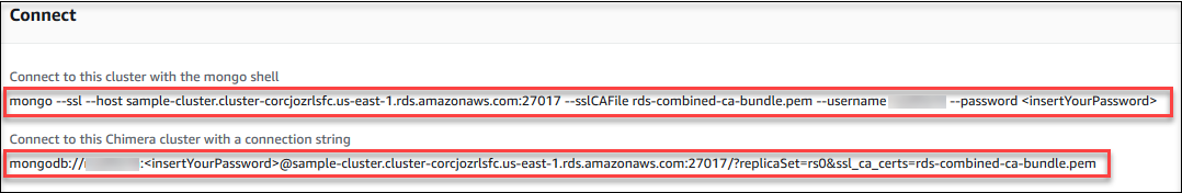 Captura de tela do console mostrando a seção de conexão com as strings de conexão do shell do Mongo e do aplicativo destacadas.