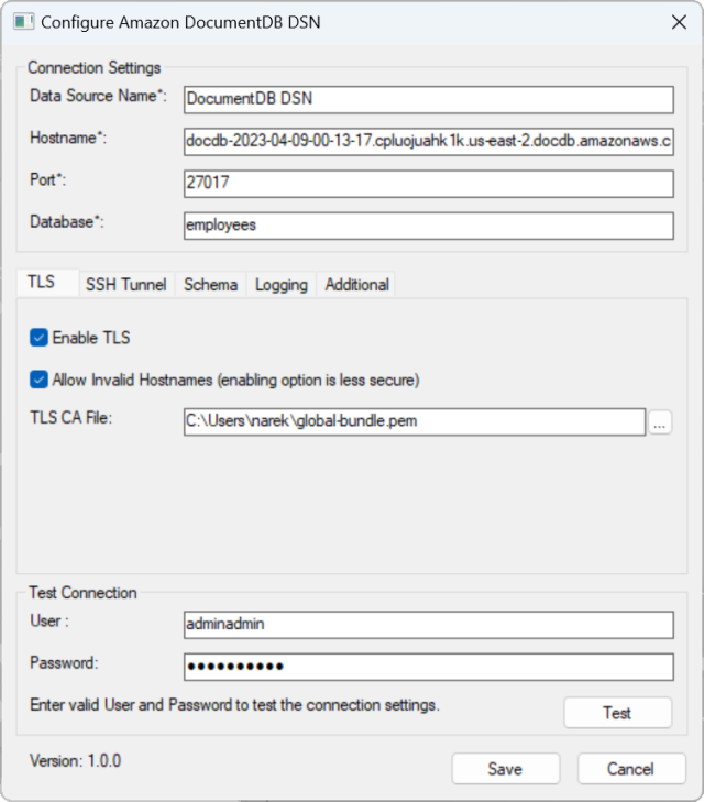 A interface Configurar Amazon DocumentDB DSN com os campos Configurações de conexão, TLS e Testar conexão. O botão Salvar está na parte inferior.