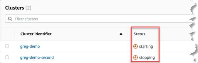 Imagem: Status de clusters em interrupção e início