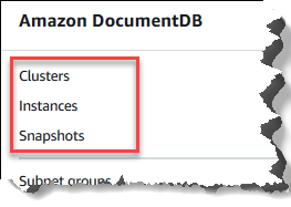 Clusters, instâncias e snapshots no painel de navegação.