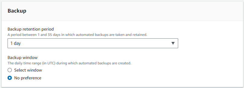 Captura de tela do painel Backup mostrando as etapas para configurar a janela de backup do cluster.