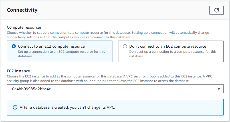 Connectivity settings for database with options to connect or not connect to EC2 compute resource.