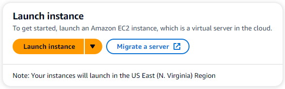 Launch instance button with dropdown and Migrate a server option in AWS EC2 interface.