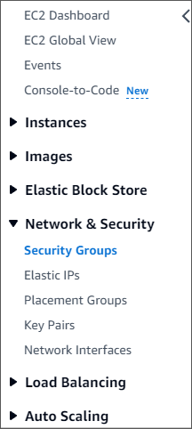 Navigation menu showing Network & Security options including Security Groups.