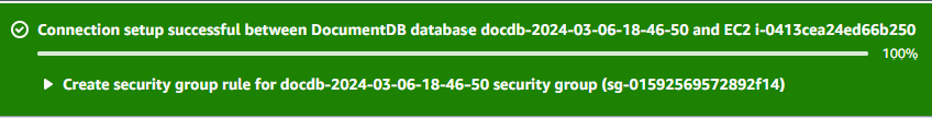 Confirmation message for successful connection setup between DocumentDB and EC2.