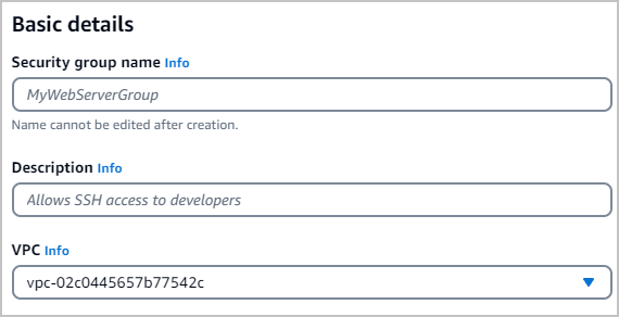 Security group configuration form with name, description, and VPC selection fields.