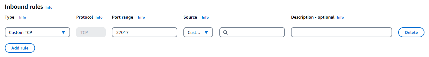 Inbound rules configuration interface showing custom TCP rule for port 27017.