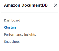 Navigation pane showing Dashboard, Clusters, Performance Insights, and Snapshots options.