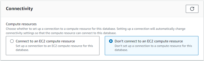 Connectivity options for compute resources, with "Don't connect to an EC2 compute resource" selected.