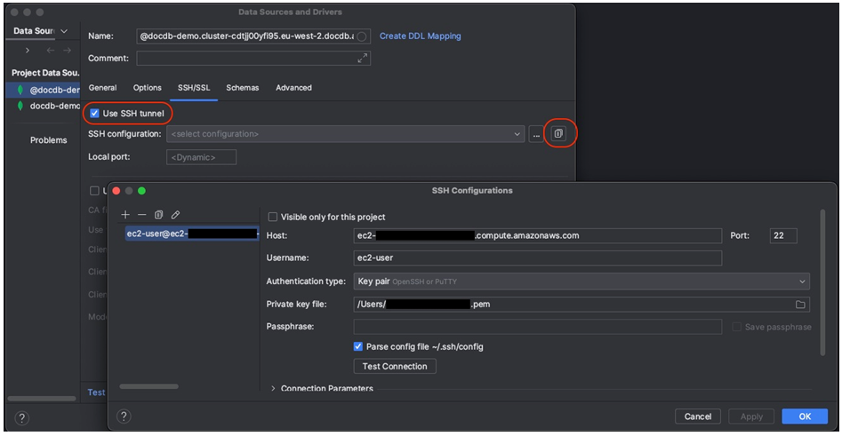 A SSH/SSL guia na interface de fontes de dados e drivers com a opção Usar túnel SSH selecionada e o ícone de configuração SSH destacado. O ícone abre a interface Configurações de SSH exibida.