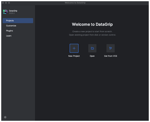 DataGrip tela de boas-vindas com a opção Novo Projeto destacada.