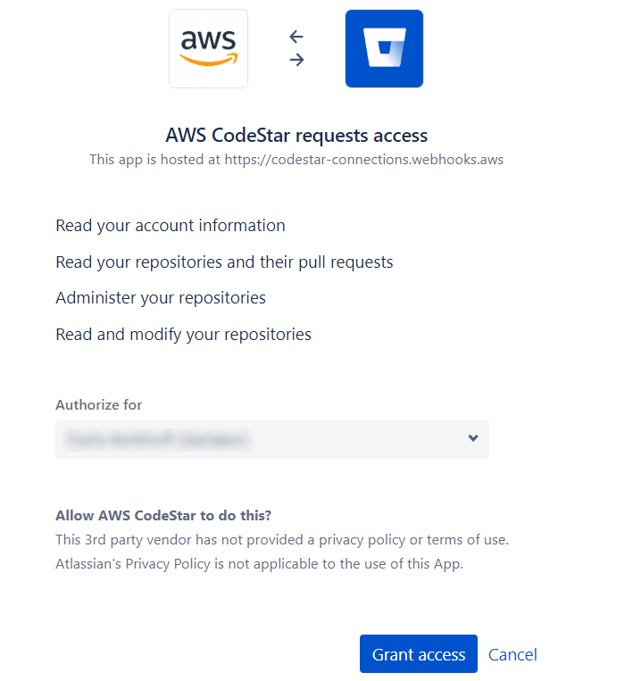 Captura de tela do console mostrando AWS CodeStar solicitações de acesso.