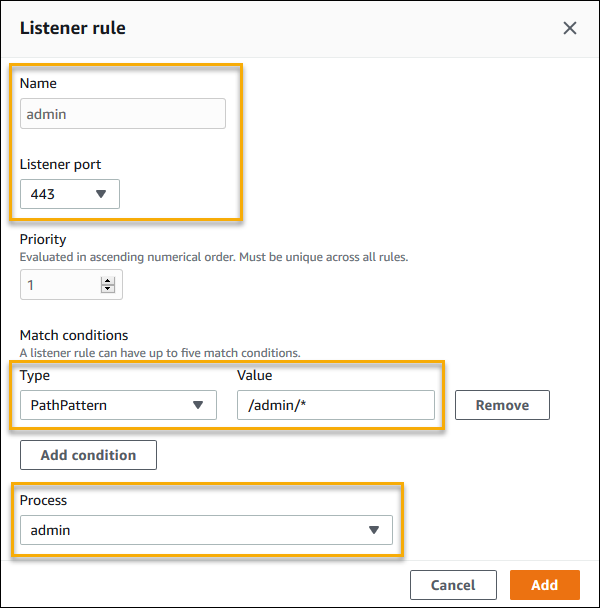 Configuração demonstrativa do Application Load Balancer: adicionar regra de administrador