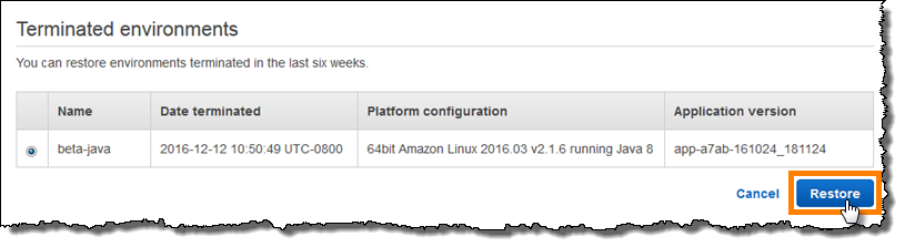 Table showing terminated environment details with options to cancel or restore.