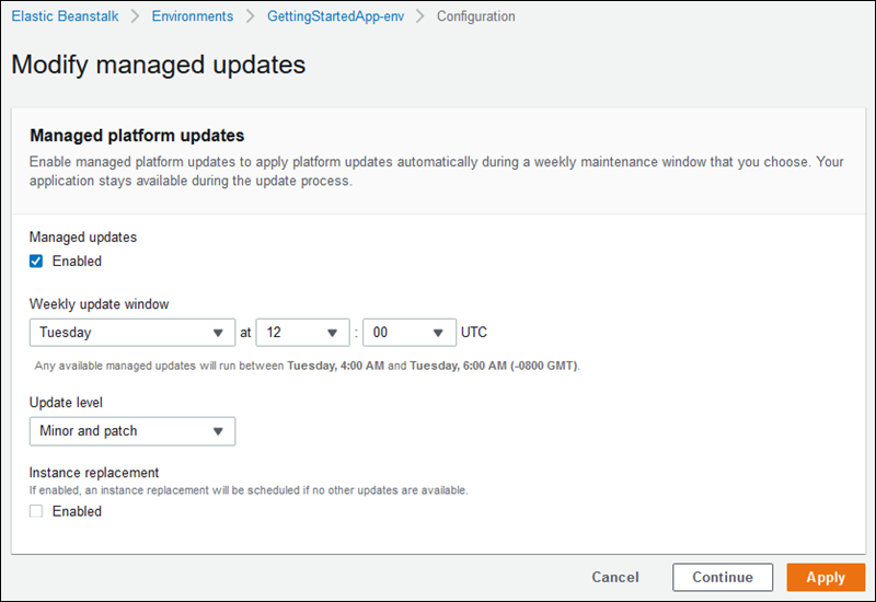 Página de configuração Modify managed updates (Modificar atualizações gerenciadas)