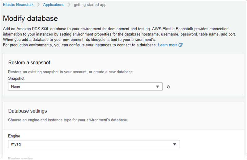 Página de configuração Modify database (Modificar o banco de dados)