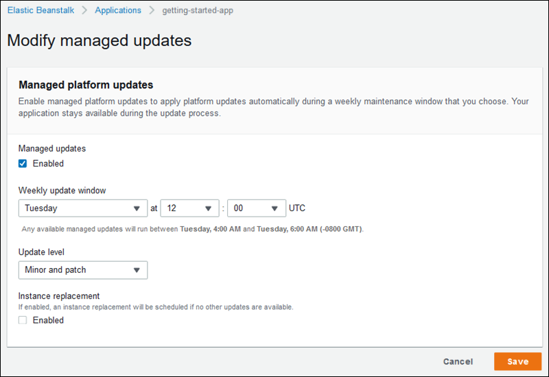 Página de configuração Modify managed updates (Modificar atualizações gerenciadas)