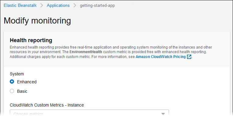 Página de configuração Modify monitoring (Modificar monitoramento)