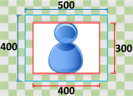 Blue 3D figure centered in a square frame with measurement indicators on the sides.