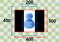 Diagram showing a blue figure centered within a white rectangle surrounded by black bars.