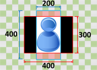 Blue figure icon with dimensions and measurements indicated around it.