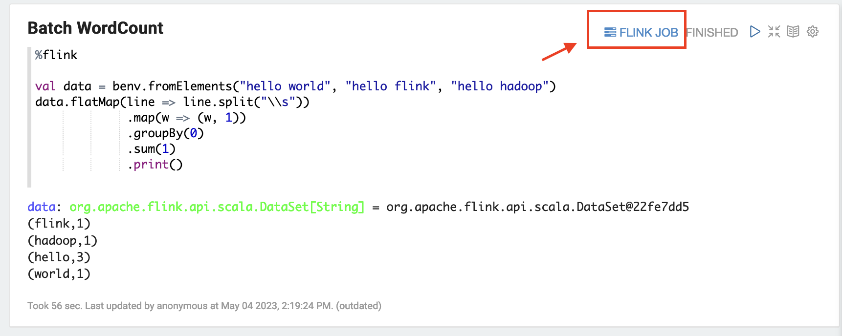 Flink code snippet for word count with output showing counts for "hello", "flink", "hadoop", and "world".