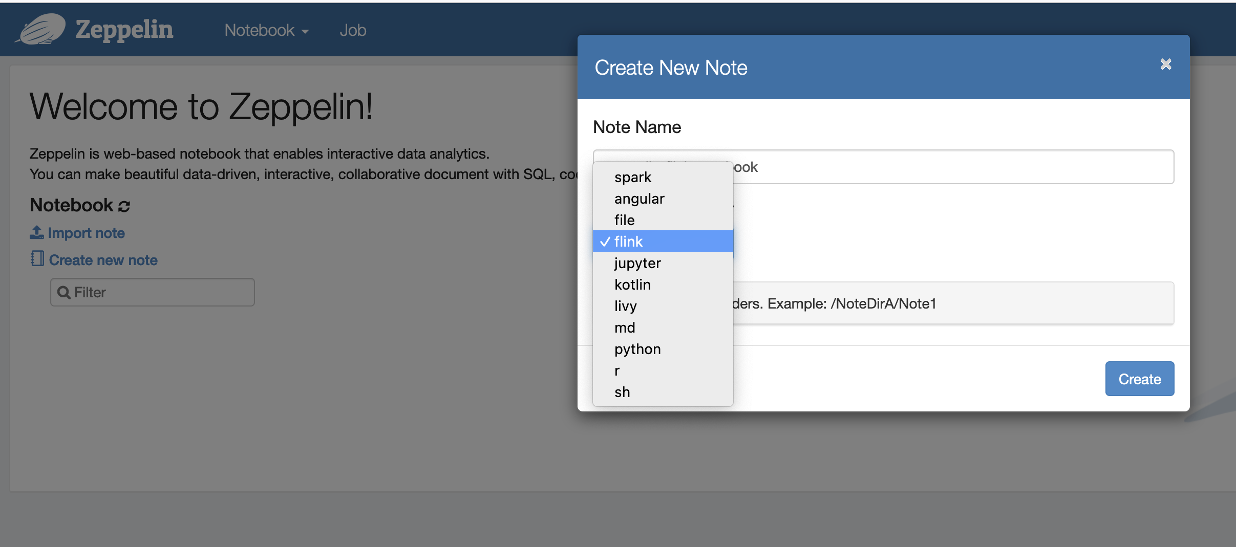 Você pode criar uma nova nota em um caderno do Zeppelin usando o Flink como intérprete padrão.