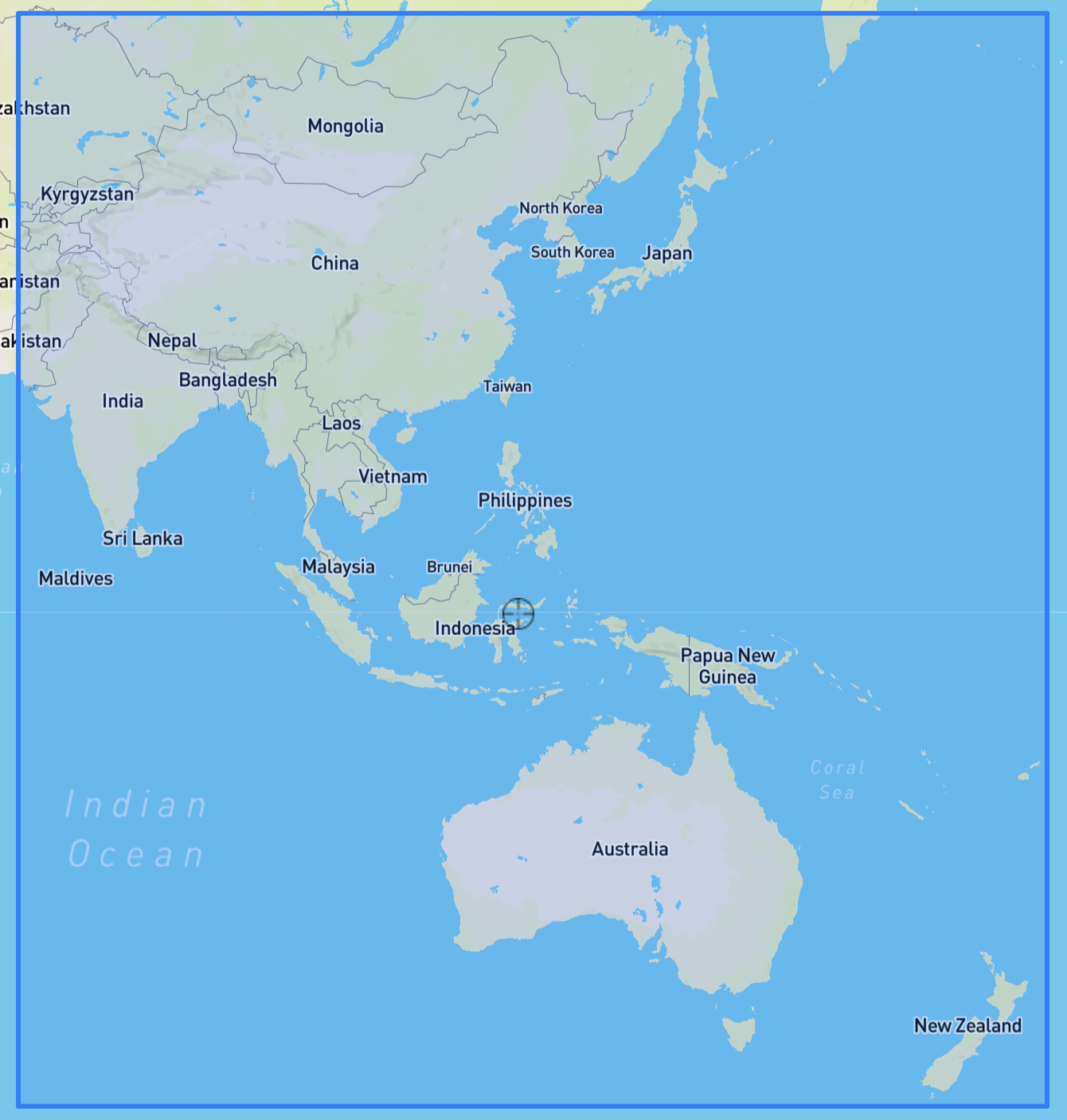 Map showing East Asia, Southeast Asia, and Australia with country names and ocean labels.