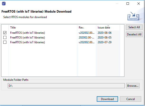 janela de diálogo de download do módulo do e-squared studio