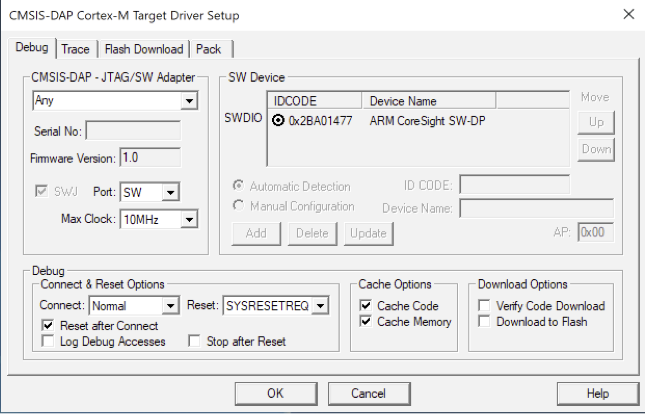 CMSIS- Caixa de diálogo de configuração do driver de destino DAP Cortex-M com número de série, versão do firmware, tipo de adaptador, opções do dispositivo SW e configurações.