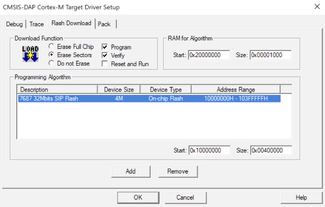 Janela de configuração do driver de destino Cortex-M com opções para função de download, algoritmo, RAM descrição do algoritmo de programação e detalhes do dispositivo.