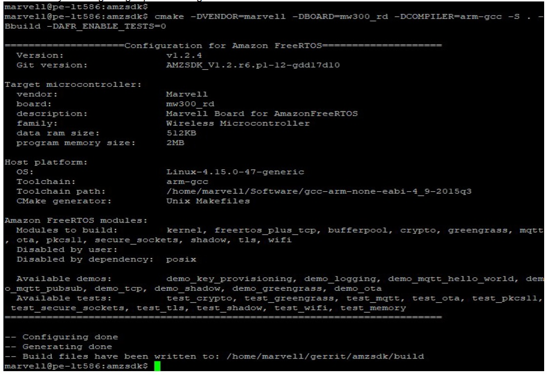 Saída do terminal de comando mostrando detalhes da configuração de compilação do FreeRTOS para uma placa de microcontrolador sem fio Marvell mw300_rd.