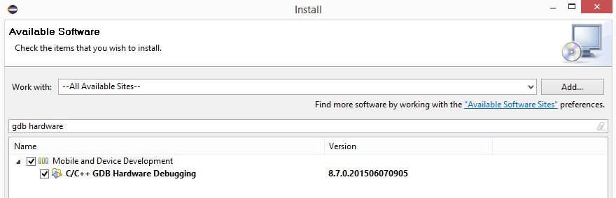 Captura de tela da janela de instalação na interface do software, mostrando o item GDB Hardware Debugging selecionado para instalação na categoria de hardware gdb.