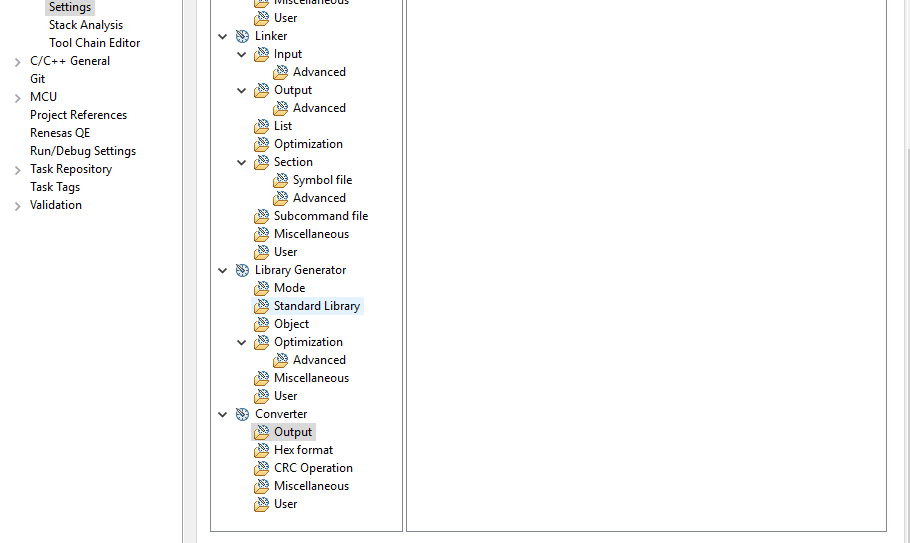 Árvore de configurações de interface com opções para Stack Analysis, Tool Chain Editor, C/C++ General, MCU, Project References, etc.