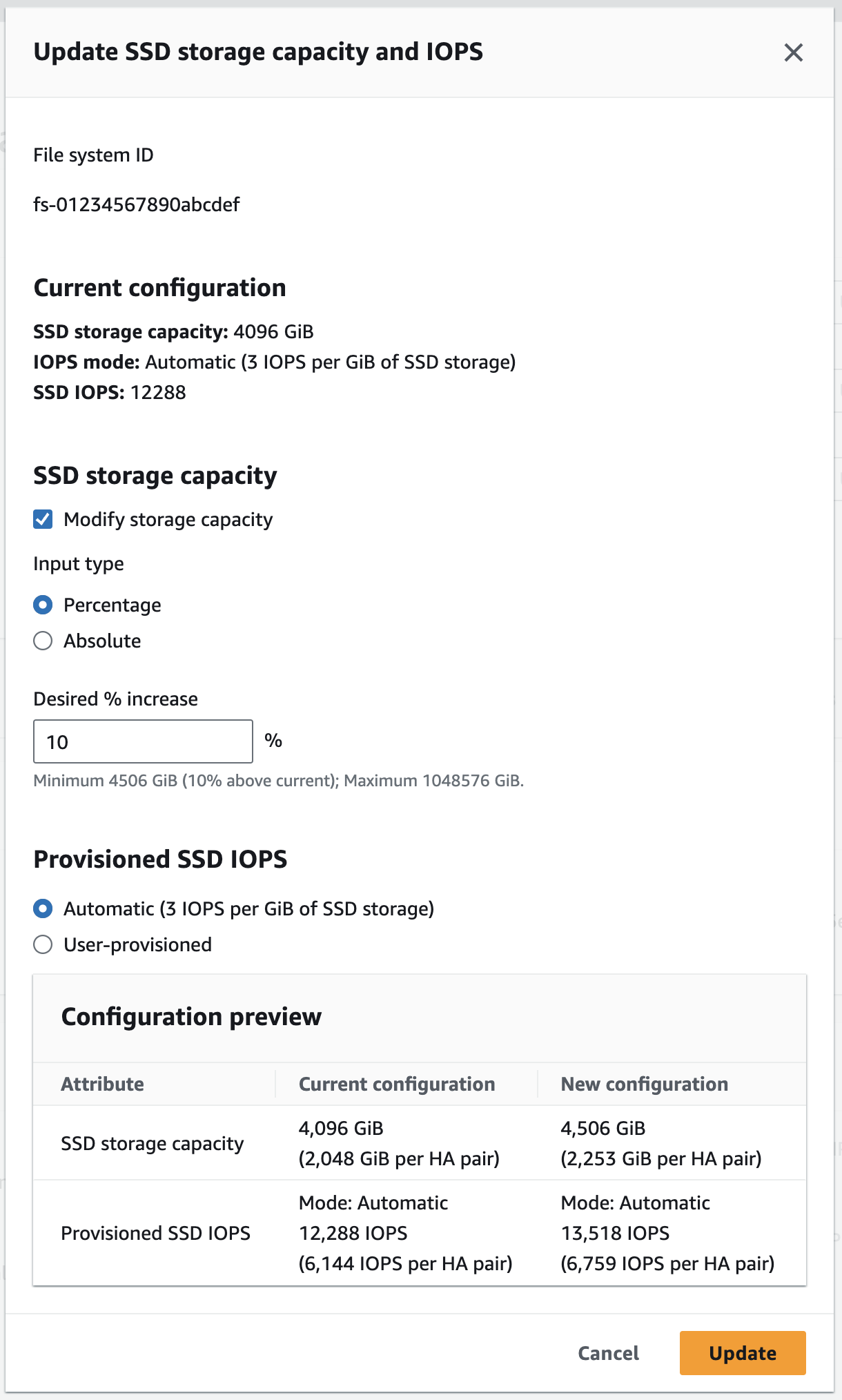 Imagem do console mostrando a capacidade SSD de armazenamento e a caixa IOPS de diálogo Atualizar.