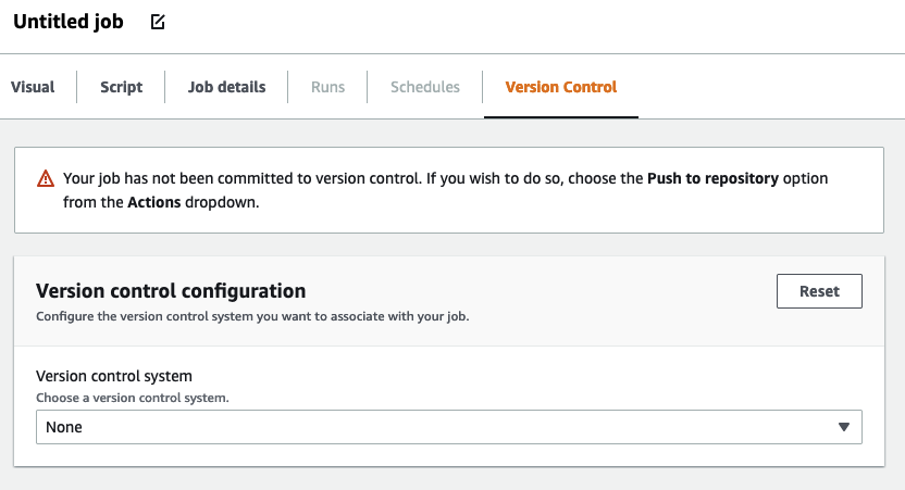 A captura de tela mostra um trabalho com a guia Version Control (Controle de versão) selecionada.