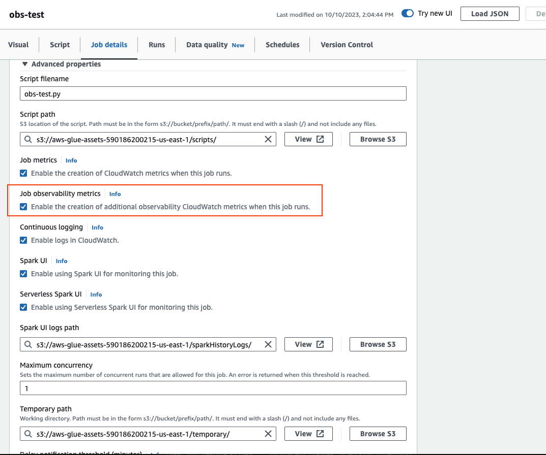 A captura de tela mostra as propriedades avançadas da guia Detalhes do trabalho. A opção de métricas de observabilidade do trabalho é destacada.