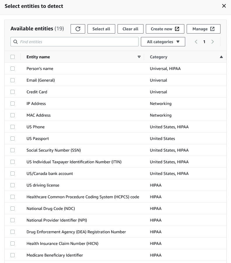 A captura de tela mostra as opções na lista de entidades predefinidas da AWS.