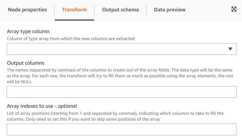 A captura de tela mostra a guia Transformar para a transformação Array To Columns.