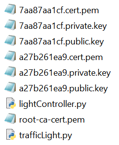 Captura de tela de arquivos incluindo os dois scripts do Python, além de chaves e certificados de dispositivo.